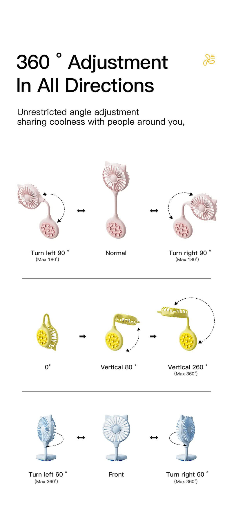2 Pcs Yellow Portable USB Mini Fan with Suction Cup - 360-Degree Adjustable Foldable Desktop Fan with 3 Speed Settings