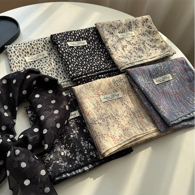 Style 7 Light Khaki Versatile Patterned Square Scarf | 65x65cm Lightweight Polyester Neckerchief Headband | Vintage Polka Dot & Floral