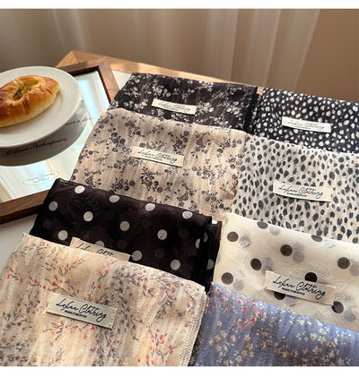 Style 7 Light Khaki Versatile Patterned Square Scarf | 65x65cm Lightweight Polyester Neckerchief Headband | Vintage Polka Dot & Floral