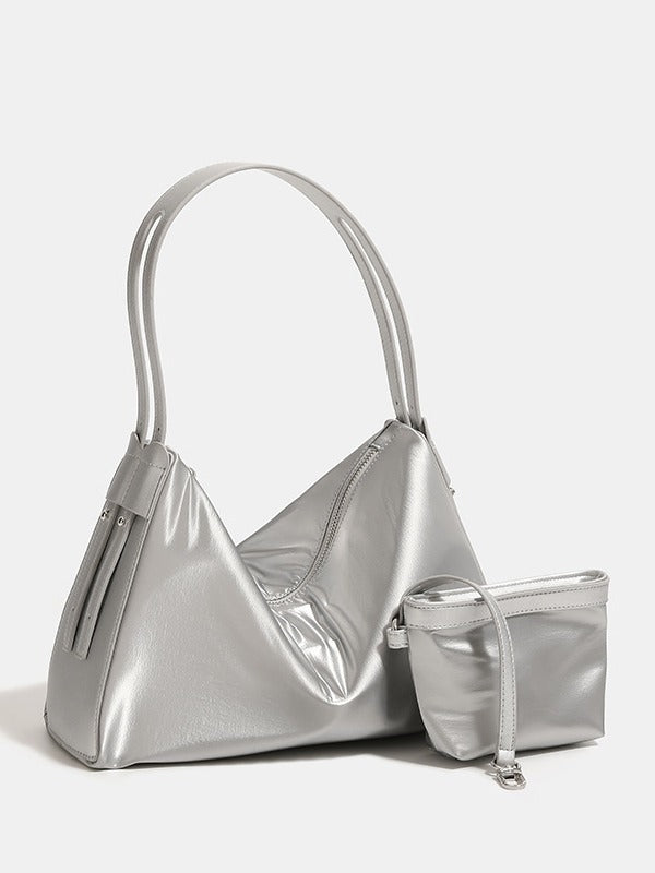 Blue Luminous Silver Nylon Underarm Shoulder Bag - Convertible Crossbody Hobo with Pouch - Lightweight & Modern