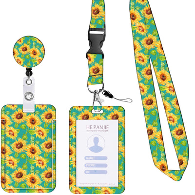 2 Pcs Yellow and Green Sunflower Patterns Retractable Badge Reel & ID Card Holder Set with Lanyard - Durable ABS Plastic