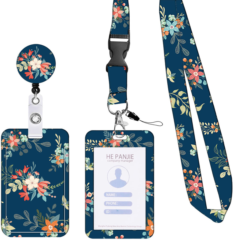 2 Pcs Blue Floral Pattern Retractable Badge Reel & ID Card Holder Set with Lanyard - Durable ABS Plastic