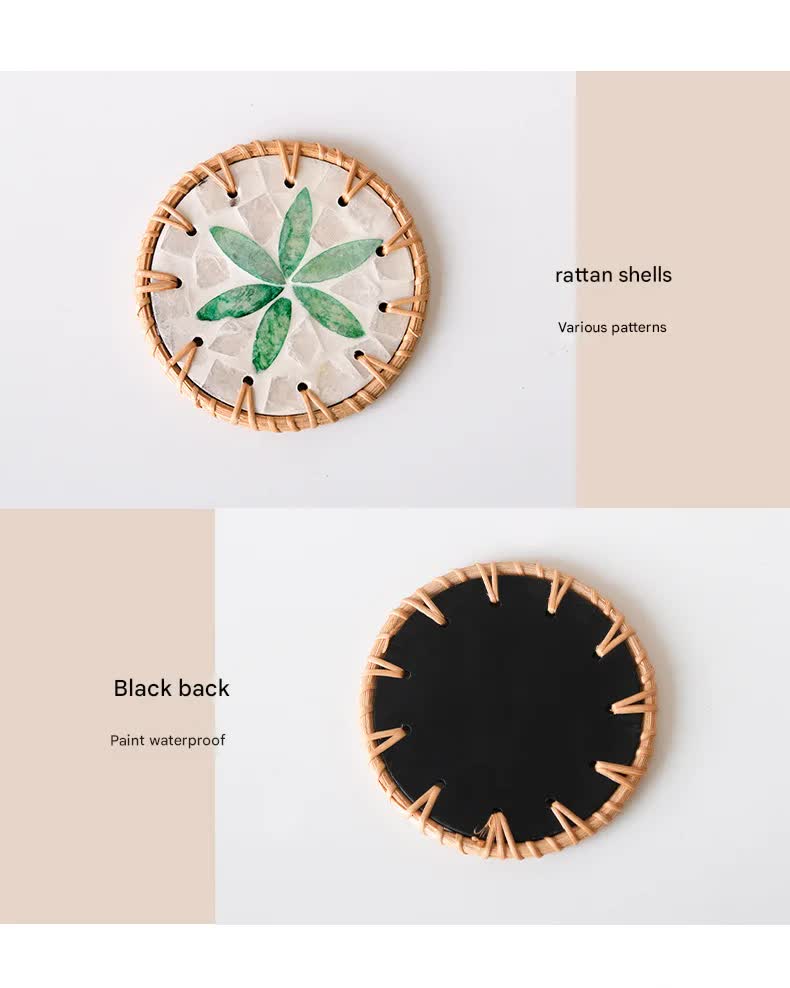 4 Pcs Beige Background With Purple flower Handcrafted Rattan Coaster with Natural Shell Inlay - Decorative & Heat Insulating Drink Mat