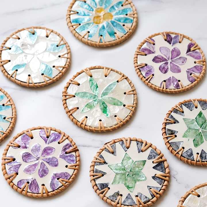 4 Pcs Beige Background With Purple flower Handcrafted Rattan Coaster with Natural Shell Inlay - Decorative & Heat Insulating Drink Mat