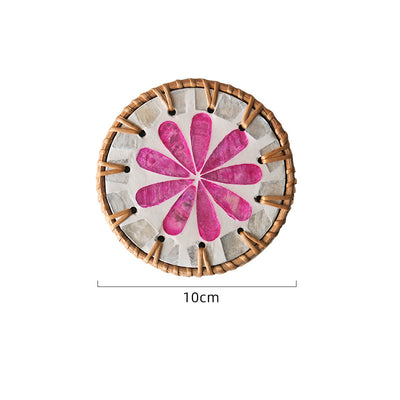 4 Pcs Khaki Background With Pink flower Handcrafted Rattan Coaster with Natural Shell Inlay - Decorative & Heat Insulating Drink Mat
