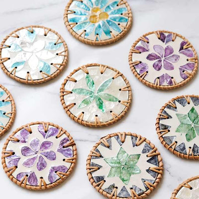 4 Pcs Khaki Background With Pink flower Handcrafted Rattan Coaster with Natural Shell Inlay - Decorative & Heat Insulating Drink Mat
