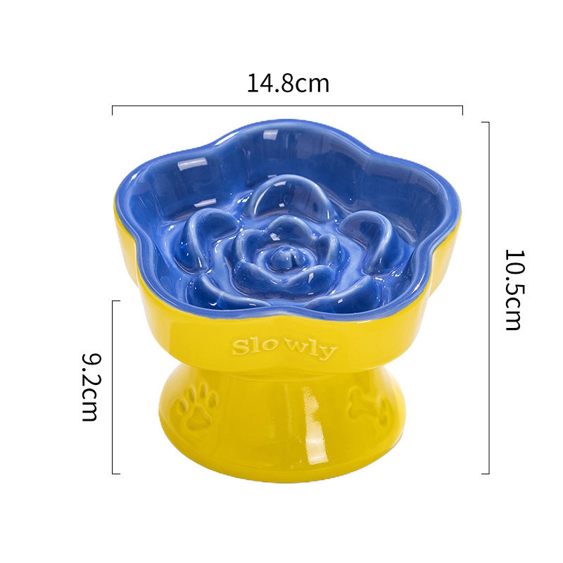 Yellow and Blue Ceramic Slow Feeder Pet Bowl for Cats and Small Dogs - Anti-Choke Elevated Design with 15-Degree Tilted Rim