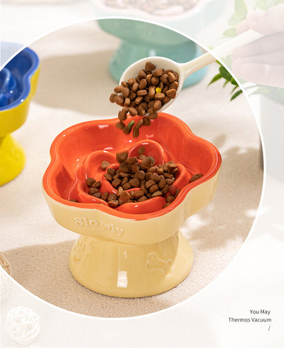 Khaki and Orange Ceramic Slow Feeder Pet Bowl for Cats and Small Dogs - Anti-Choke Elevated Design with 15-Degree Tilted Rim
