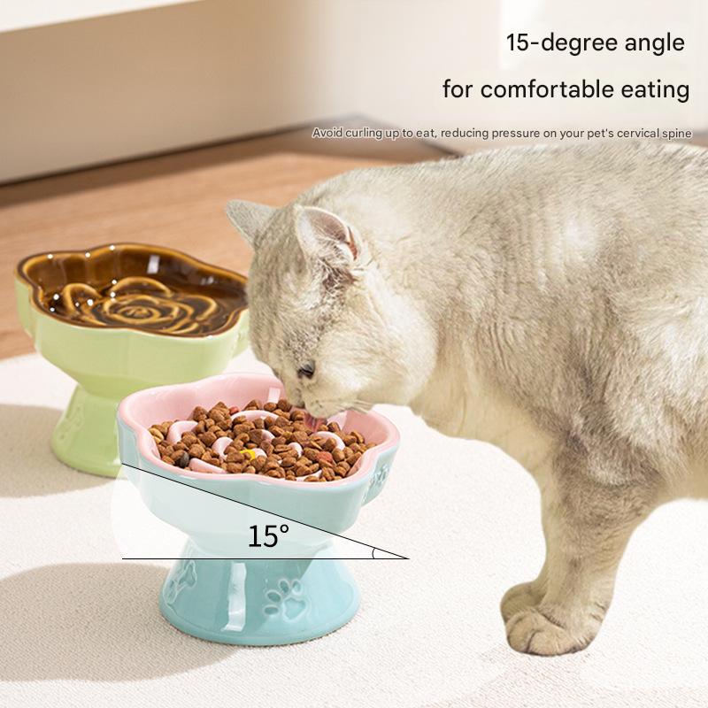 Khaki and Orange Ceramic Slow Feeder Pet Bowl for Cats and Small Dogs - Anti-Choke Elevated Design with 15-Degree Tilted Rim