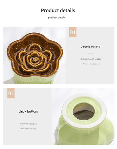 Khaki and Orange Ceramic Slow Feeder Pet Bowl for Cats and Small Dogs - Anti-Choke Elevated Design with 15-Degree Tilted Rim