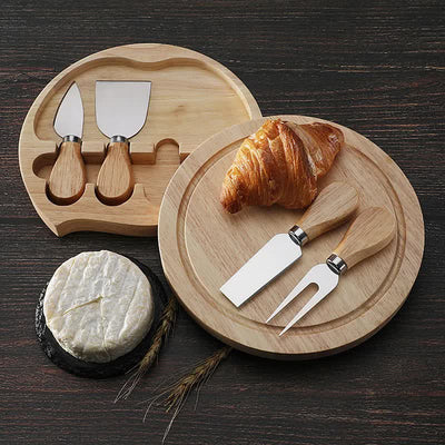 Brown And Gold Compact Round Rubberwood Cheese Board Set | 4 Stainless Steel Knives & Tools