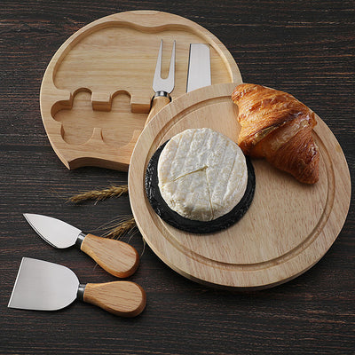 Brown And Gold Compact Round Rubberwood Cheese Board Set | 4 Stainless Steel Knives & Tools