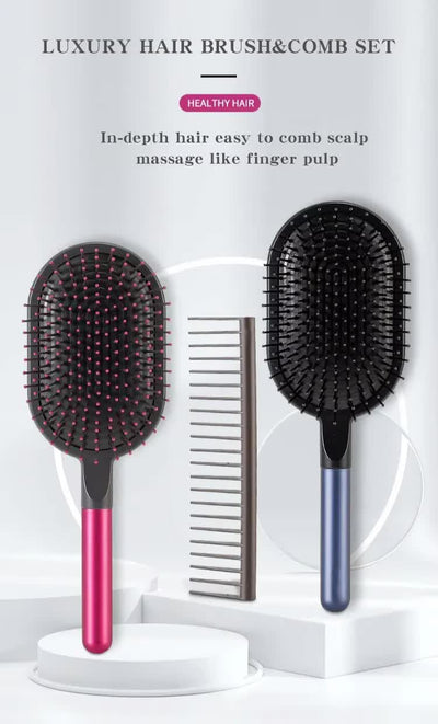 Rose Red Air Cushion Massage Paddle Brush & Wide Tooth Comb Set - Gentle Detangling for All Hair Types