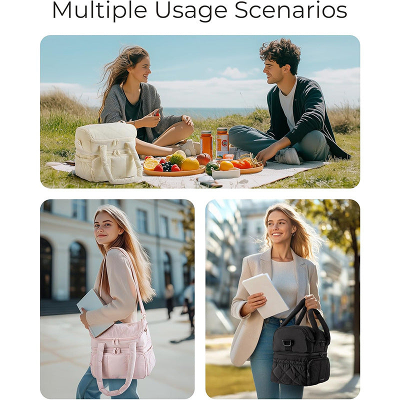 Black Chic Double Deck Insulated Lunch Bag - Leakproof Cooler Tote for Women