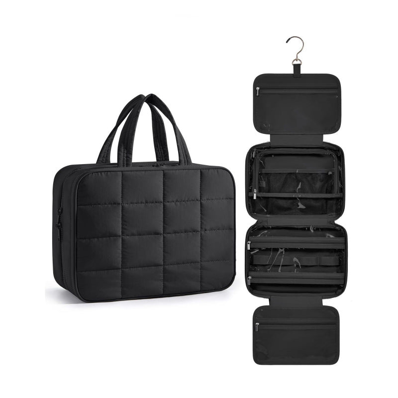 Size M Black Quilted Hanging Toiletry Bag with Jewelry Organizer - Travel Cosmetic Case(28*12*20)