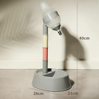 Grey Base Adjustable Height Pet Water Dispenser with Food Bowl Base - Non-Drip Bottle Feeder Station for Dogs & Cats
