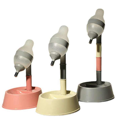 Beige Base Adjustable Height Pet Water Dispenser with Food Bowl Base - Non-Drip Bottle Feeder Station for Dogs & Cats