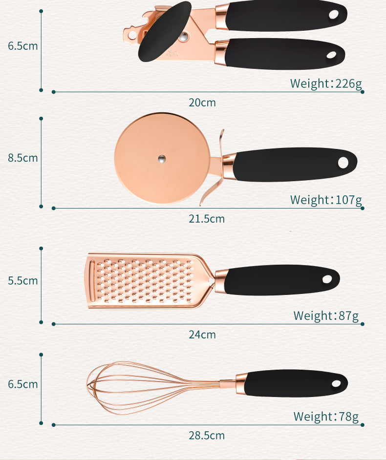 Black And Rose Gold 7-Piece Kitchen Gadget Set - Stainless Steel Utensils with Comfort Grip Handles