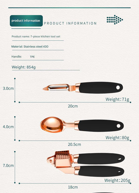 Pink And Rose Gold 7-Piece Kitchen Gadget Set - Stainless Steel Utensils with Comfort Grip Handles