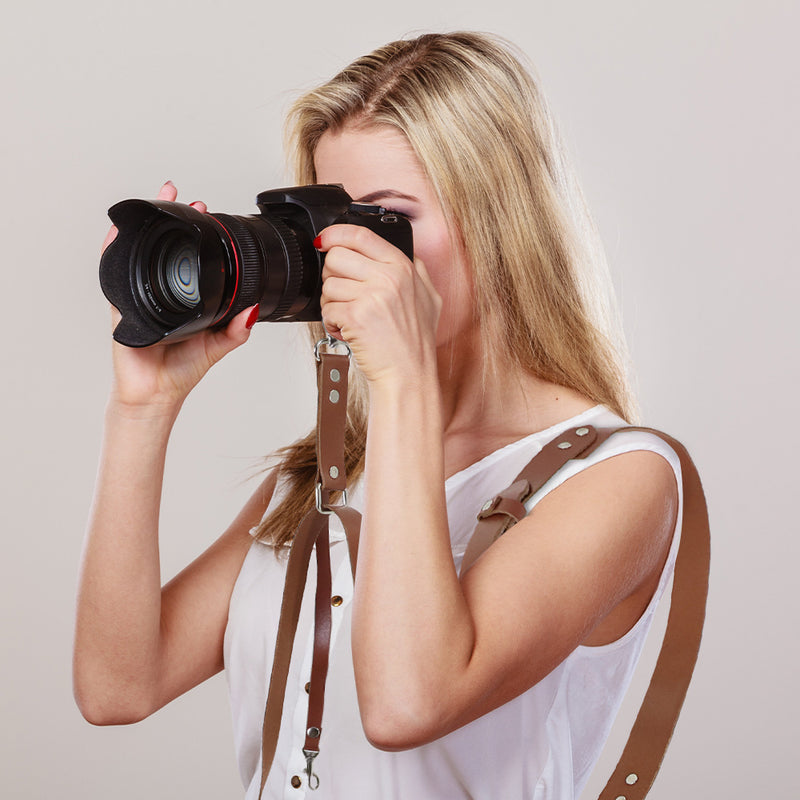 Brown Adjustable Genuine Leather Camera Strap - Crossbody Shoulder Sling for DSLR/SLR(The camera is a prop and is not included)