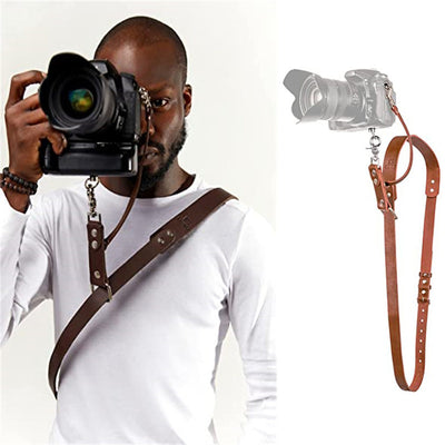 Brown Adjustable Genuine Leather Camera Strap - Crossbody Shoulder Sling for DSLR/SLR(The camera is a prop and is not included)