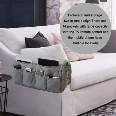 2 Pcs Grey Quilted Sofa Armrest Organizer Caddy - Multi-Pocket Remote Control Holder Bag