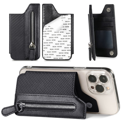 2 Pcs Black Multifunction Stick-On Phone Wallet - PU Leather Card Holder with Zipper & Flip Cover