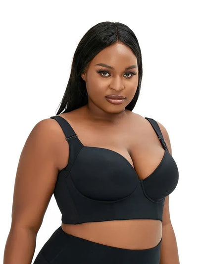 32/70B Black Plus-Size Seamless Underwire Bra - Lift & Support Deep V Sports Back Design
