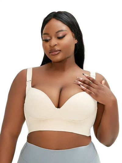 34/75F Beige Plus-Size Seamless Underwire Bra - Lift & Support Deep V Sports Back Design