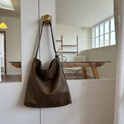 Dark Brown Fashionable Minimalist Bucket Tote Bag - Versatile & Spacious for Daily Commutes