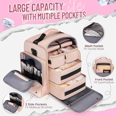 Travel Makeup Organizer Bag - 4 Detachable Compartments, Jewelry Roll & Multiple Pouches