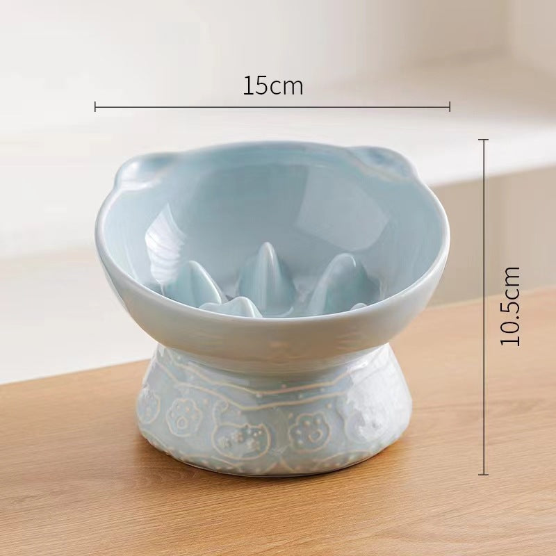 Light Blue Vintage Slow Feeder Ceramic Pet Bowl - Anti-Choke Wide-Mouth Design for Cats & Dogs, Prevents Black Chin