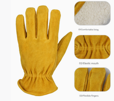 L Coffee Durable Cowhide Work Gloves - Insulated Windproof Anti-Slip for Outdoor Handling & Cycling
