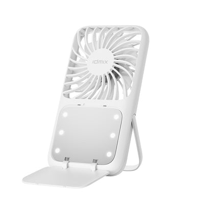 White Portable Handheld Fan with Makeup Mirror - USB Rechargeable 3-Speed Mini Fan for Summer Cooling
