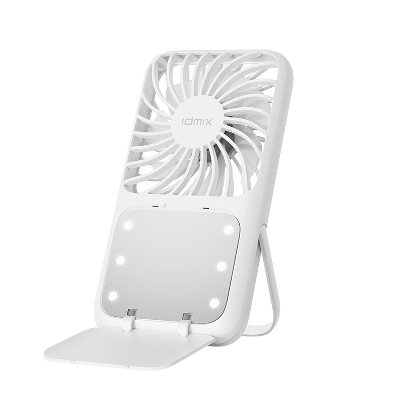 White Portable Handheld Fan with Makeup Mirror - USB Rechargeable 3-Speed Mini Fan for Summer Cooling