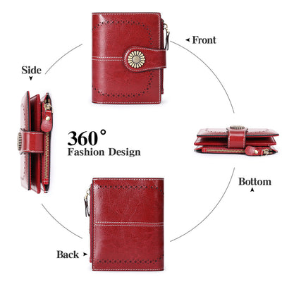 Khaki (64 grain) Women's Short Leather Wallet - European Style Waxed Leather Coin Purse with Zipper Card Holder in Red