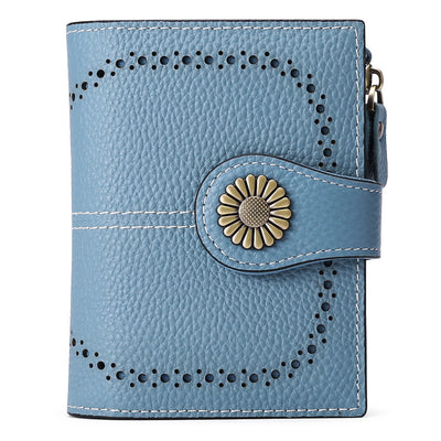 Blue-grey (Wrestling) Women's Short Leather Wallet - European Style Waxed Leather Coin Purse with Zipper Card Holder in Red