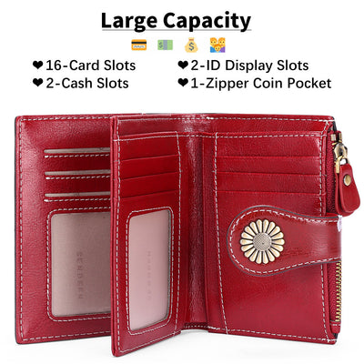 Blue-grey (Wrestling) Women's Short Leather Wallet - European Style Waxed Leather Coin Purse with Zipper Card Holder in Red