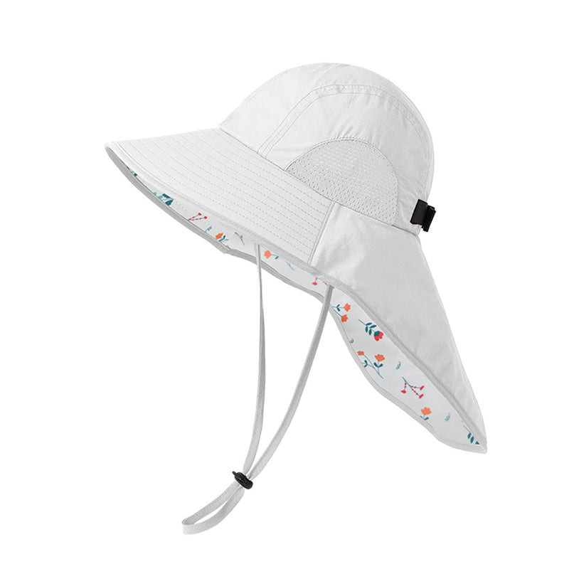 White Wide Brim Sun Hat with Cape - Foldable UV Protection - 10cm Brim