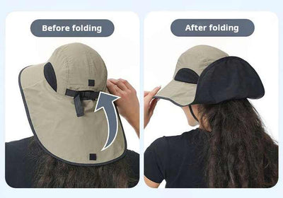 Grey Green Wide Brim Sun Hat with Cape - Foldable UV Protection - 10cm Brim