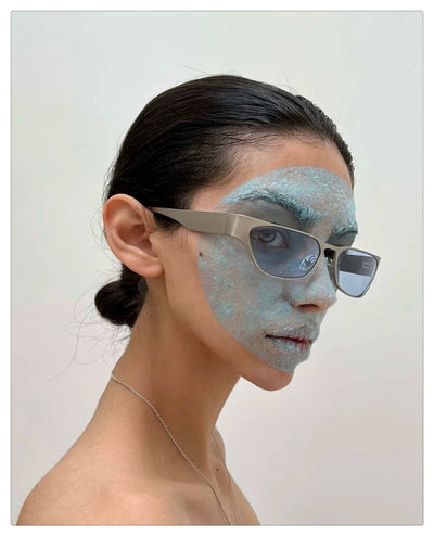 Silver Frame Blue Sheet Retro Cat-Eye Metal Sunglasses for Women - UV Protection Stylish Streetwear Shades