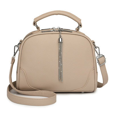 Khaki Chic Mini Round Crossbody Bag for Women - Elegant Handbag with Tassel Accent