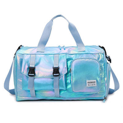Blue Iridescent Gym Bag with Wet-Dry Separation - Large Capacity Travel and Fitness Duffel