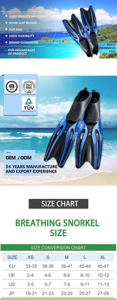 XL Blue Adult Professional TPR Swim Fins - Rubber Snorkeling Flippers for Diving and Free Swimming