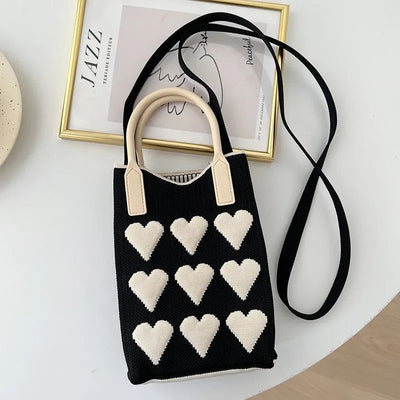 Black 3PCS Cute Heart Knit Phone Crossbody Bag - Korean Style Mini Shoulder Purse for Women