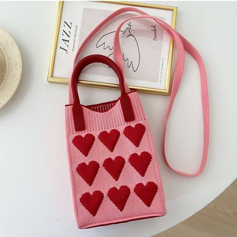 Red 3PCS Cute Heart Knit Phone Crossbody Bag - Korean Style Mini Shoulder Purse for Women