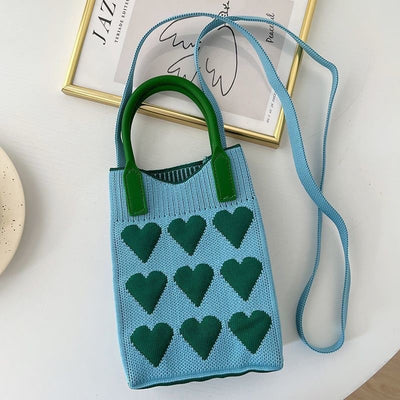 Light Blue 3PCS Cute Heart Knit Phone Crossbody Bag - Korean Style Mini Shoulder Purse for Women
