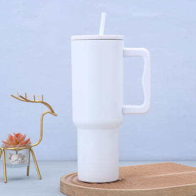 White 40oz Stainless Steel Tumbler with Handle & Straw - Large Capacity Car Cup