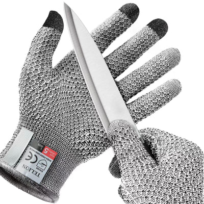 Grey 3-Pack Cut Resistant Gloves (Level 5 Protection) - Pineapple Grip, Touchscreen Compatible, Food Safe for Kitchen, Butcher & Fish Cleaning - One Size Fits Most