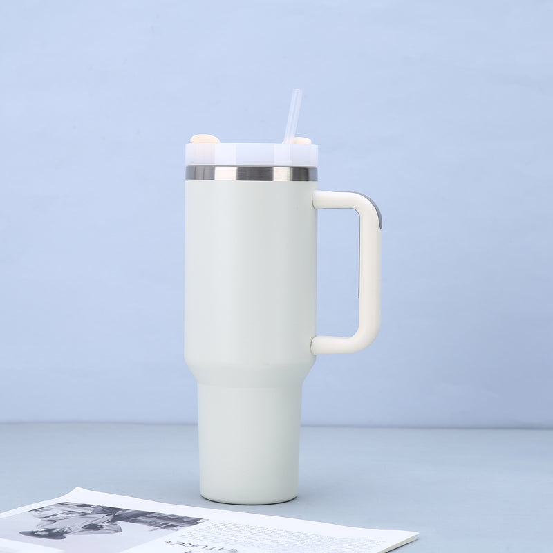 White 40oz Stainless Steel Tumbler with Handle & Straw - Large Capacity Insulated Travel Mug